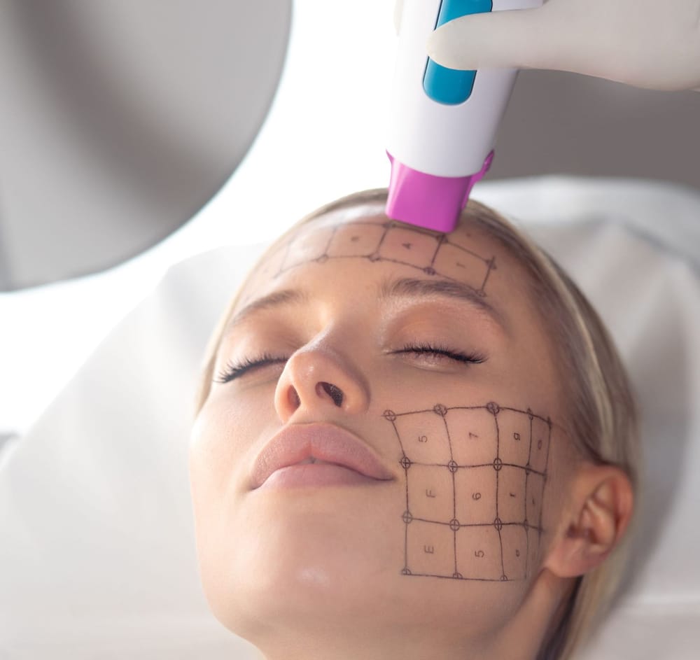 Thermage® FLX Behandlung: Handstück an der Stirn, Behandlungsraster auf Stirn und Wange